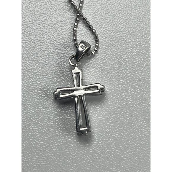 Sterling Silver Necklace 15.25" Ball Chain Clear Quartz Cross Pendant - Picture 7 of 12